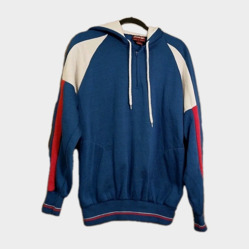 Vtg 80s Drawstring Hoodie Mens L Blue Color Block 1/4 Zip Pullover 90s Skater